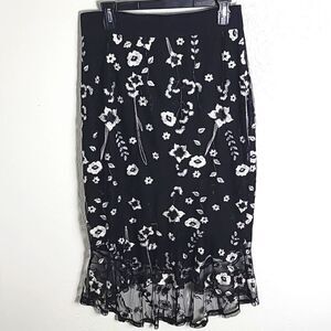 Thalia Sodi Black Midi-Skirt, White Embroidered Flowers, Sheer Ruffle, Sz 8